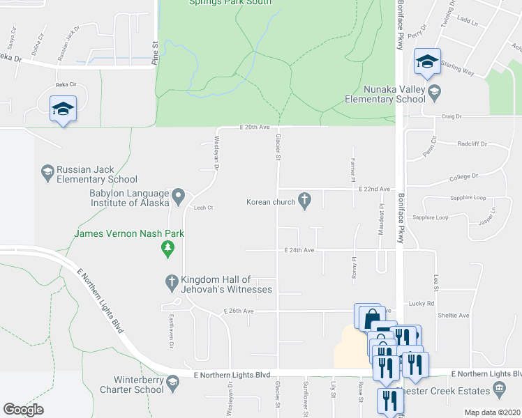 map of restaurants, bars, coffee shops, grocery stores, and more near 2224 Glacier Street in Anchorage