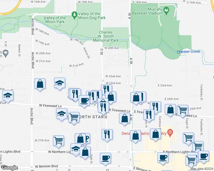 map of restaurants, bars, coffee shops, grocery stores, and more near 236 West 23rd Avenue in Anchorage