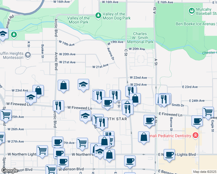 map of restaurants, bars, coffee shops, grocery stores, and more near 2209 Eureka Street in Anchorage