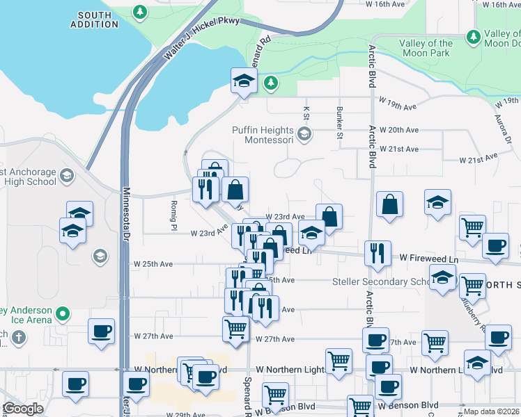 map of restaurants, bars, coffee shops, grocery stores, and more near 1073 West 23rd Avenue in Anchorage