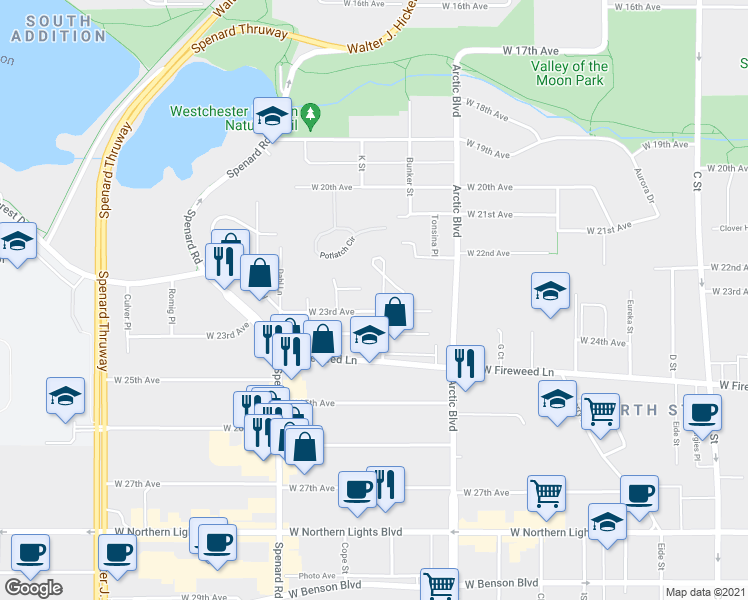 map of restaurants, bars, coffee shops, grocery stores, and more near 1001 West 23rd Avenue in Anchorage