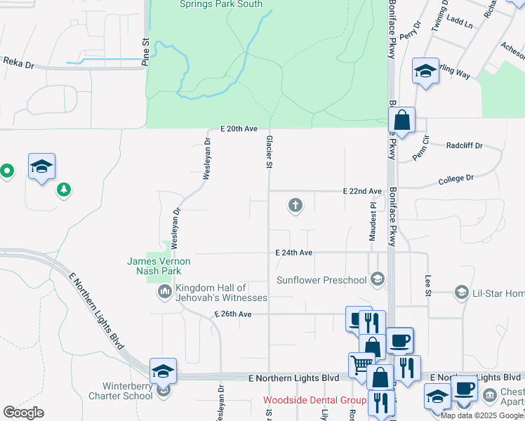 map of restaurants, bars, coffee shops, grocery stores, and more near 2224 Glacier Street in Anchorage