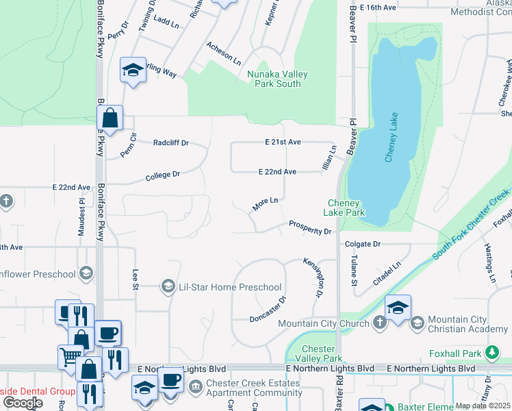 map of restaurants, bars, coffee shops, grocery stores, and more near 6005 More Ln in Anchorage