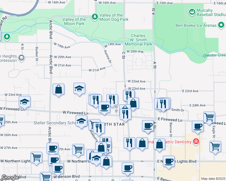 map of restaurants, bars, coffee shops, grocery stores, and more near 2224 D Street in Anchorage