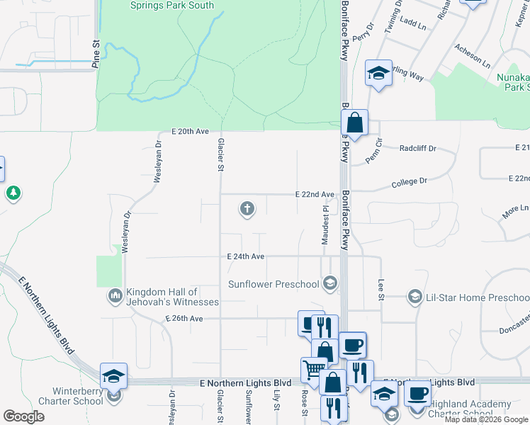 map of restaurants, bars, coffee shops, grocery stores, and more near 2243 Candy Place in Anchorage