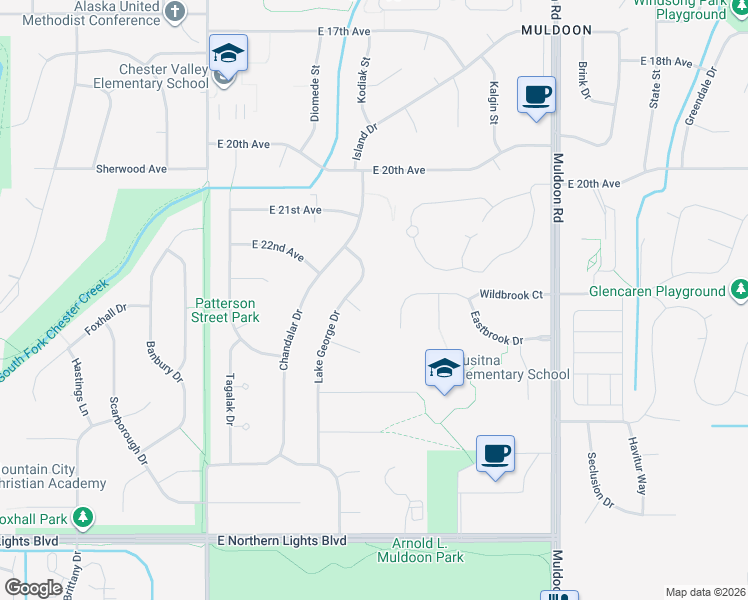 map of restaurants, bars, coffee shops, grocery stores, and more near 2281 Lake George Drive in Anchorage
