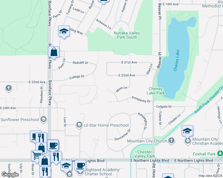 map of restaurants, bars, coffee shops, grocery stores, and more near 6005 More Lane in Anchorage