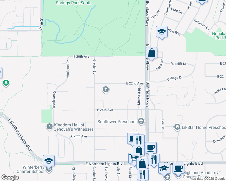 map of restaurants, bars, coffee shops, grocery stores, and more near 2243 Candy Place in Anchorage