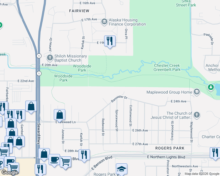 map of restaurants, bars, coffee shops, grocery stores, and more near 1343 Bannister Drive in Anchorage