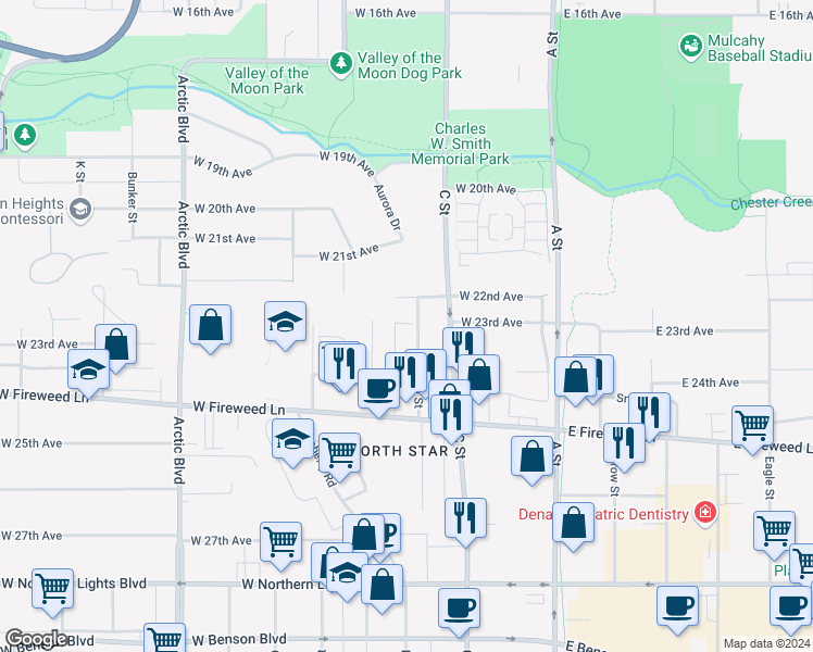 map of restaurants, bars, coffee shops, grocery stores, and more near 2224 D Street in Anchorage