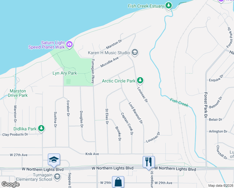 map of restaurants, bars, coffee shops, grocery stores, and more near 2316 Captain Cook Drive in Anchorage