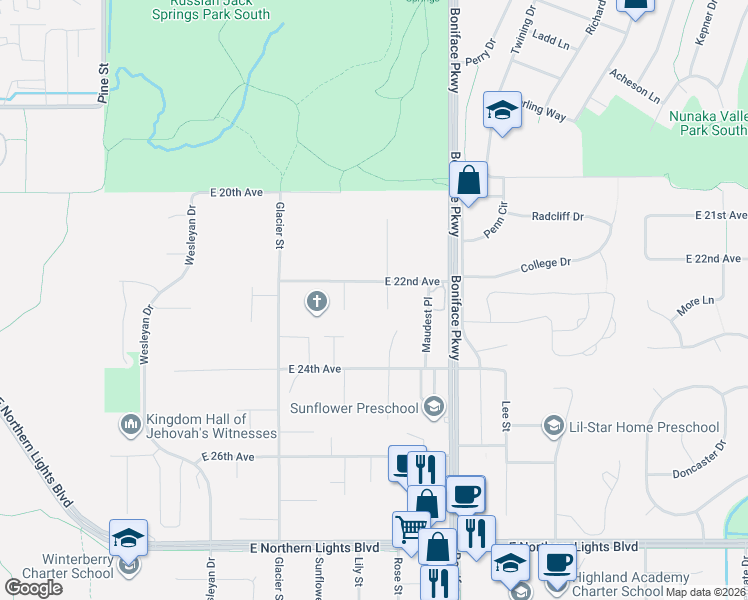 map of restaurants, bars, coffee shops, grocery stores, and more near 2243 Candy Place in Anchorage