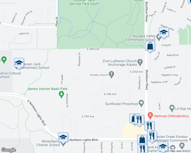 map of restaurants, bars, coffee shops, grocery stores, and more near 2224 Glacier Street in Anchorage
