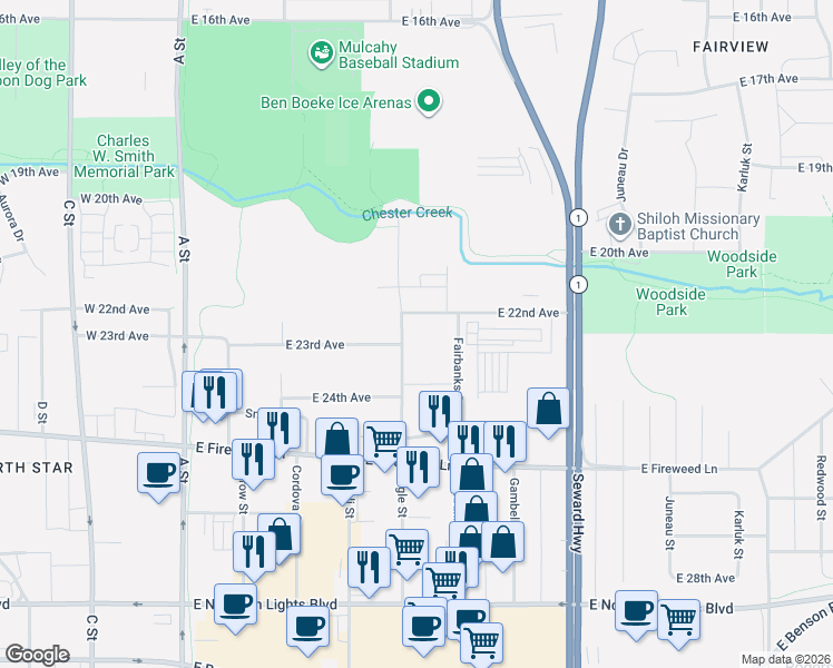 map of restaurants, bars, coffee shops, grocery stores, and more near 2301 Eagle Street in Anchorage