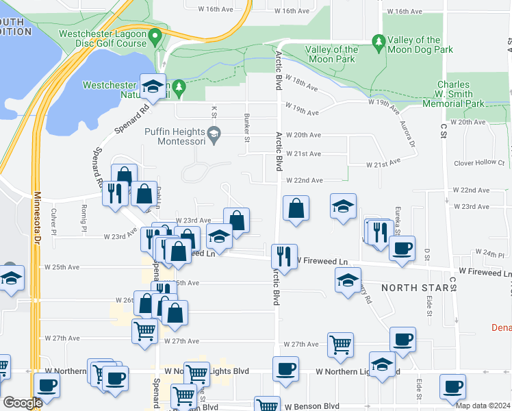 map of restaurants, bars, coffee shops, grocery stores, and more near 2100 North Star Street in Anchorage