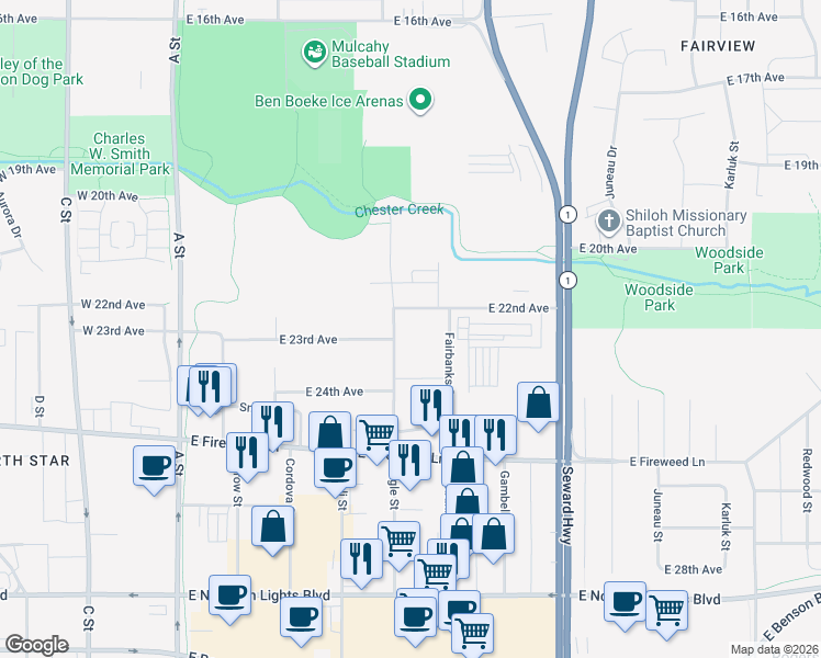 map of restaurants, bars, coffee shops, grocery stores, and more near 2301 Eagle Street in Anchorage