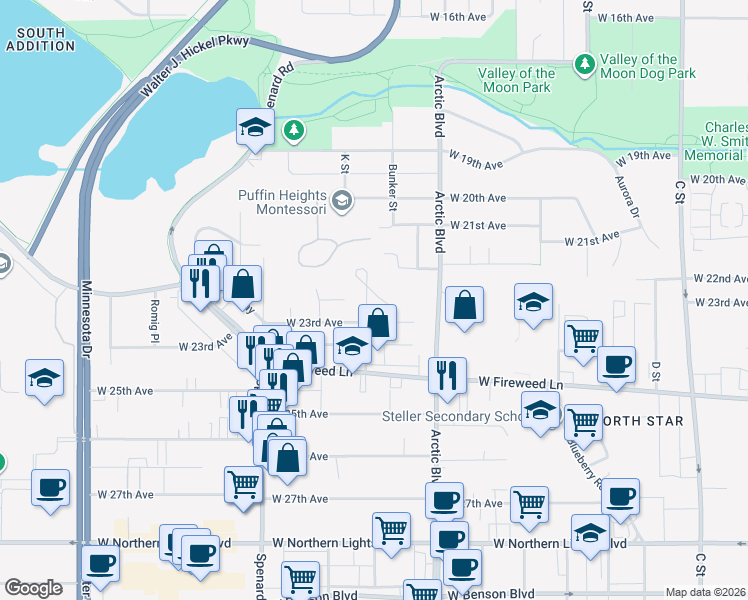 map of restaurants, bars, coffee shops, grocery stores, and more near 2209 North Star Street in Anchorage