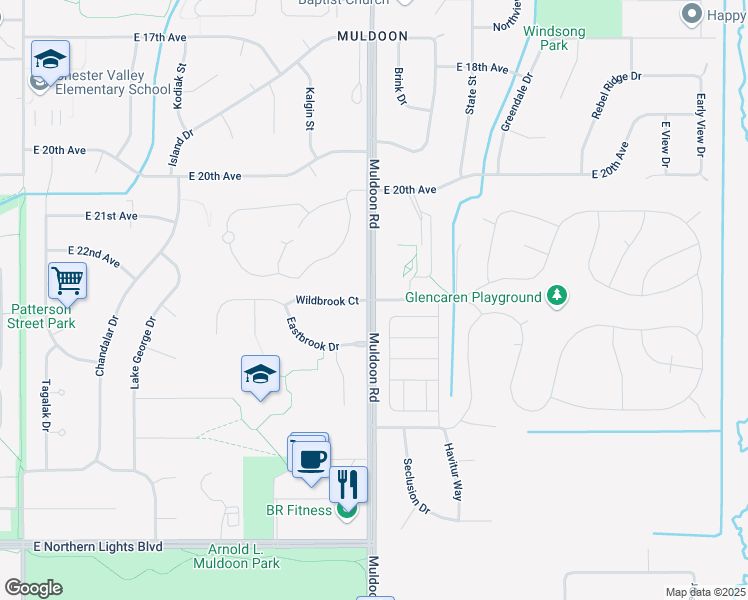 map of restaurants, bars, coffee shops, grocery stores, and more near Muldoon Road & Halligan Drive in Anchorage