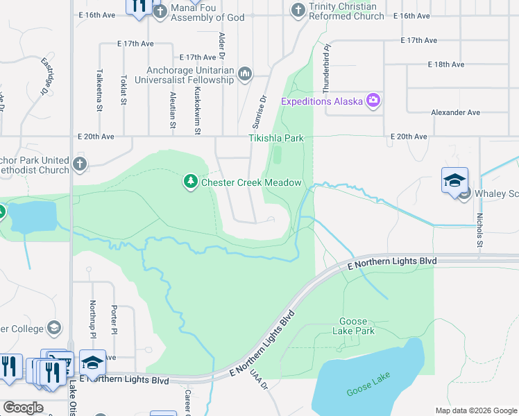 map of restaurants, bars, coffee shops, grocery stores, and more near 3001 Alder Circle in Anchorage