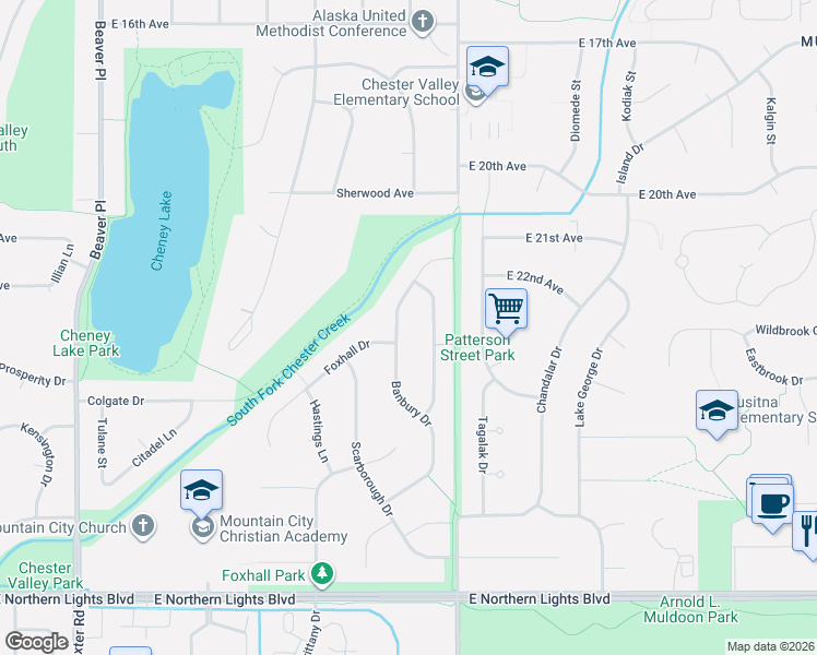 map of restaurants, bars, coffee shops, grocery stores, and more near 2240 Banbury Drive in Anchorage