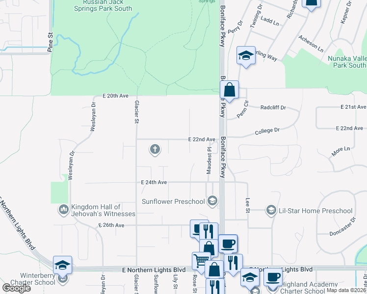 map of restaurants, bars, coffee shops, grocery stores, and more near 2243 Candy Place in Anchorage