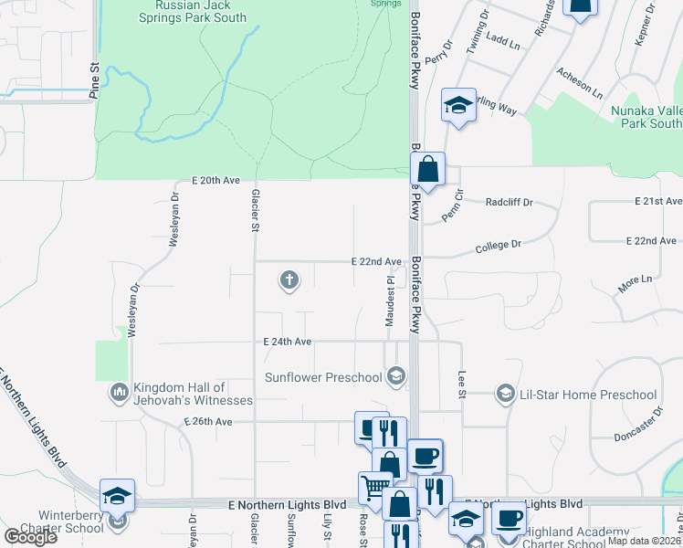 map of restaurants, bars, coffee shops, grocery stores, and more near 2243 Candy Place in Anchorage