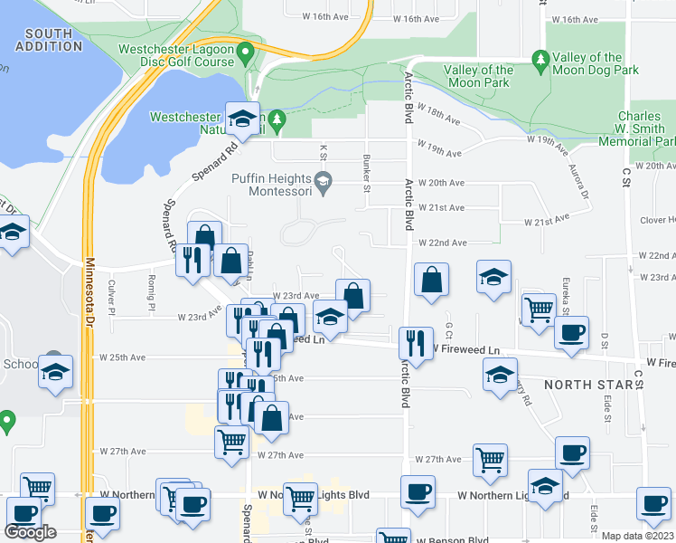 map of restaurants, bars, coffee shops, grocery stores, and more near 1001 West 23rd Avenue in Anchorage