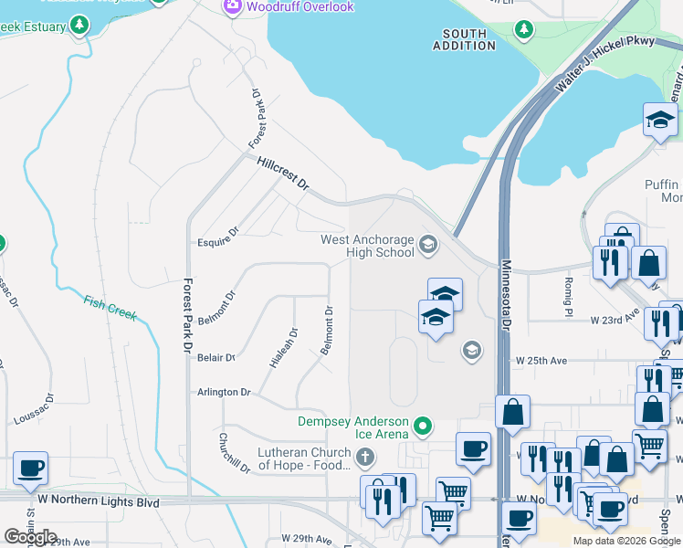map of restaurants, bars, coffee shops, grocery stores, and more near 2281 Belmont Drive in Anchorage