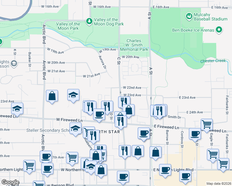 map of restaurants, bars, coffee shops, grocery stores, and more near 2200 C Street in Anchorage