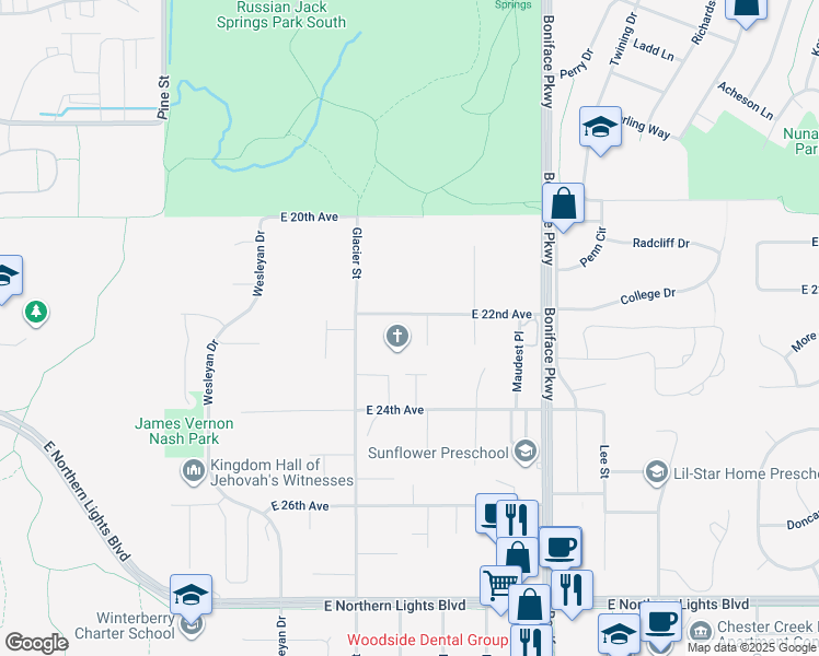 map of restaurants, bars, coffee shops, grocery stores, and more near 5210 East 22nd Avenue in Anchorage