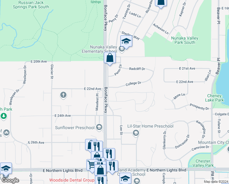 map of restaurants, bars, coffee shops, grocery stores, and more near 5523 Sapphire Loop in Anchorage