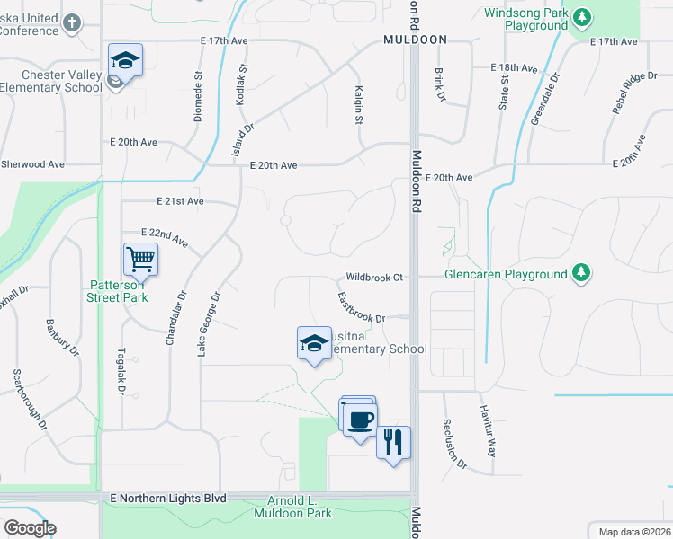map of restaurants, bars, coffee shops, grocery stores, and more near 7700 Eastbrook Drive in Anchorage