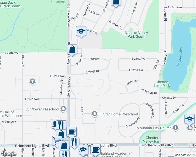 map of restaurants, bars, coffee shops, grocery stores, and more near 2244 Jasper Lane in Anchorage