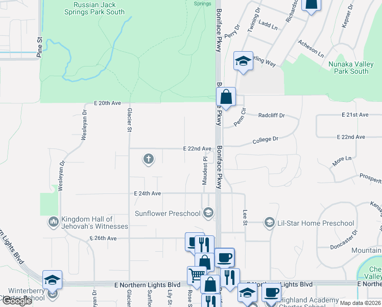 map of restaurants, bars, coffee shops, grocery stores, and more near 2271 Jennison Circle in Anchorage