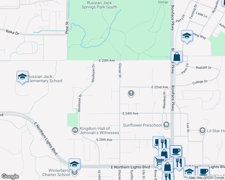 map of restaurants, bars, coffee shops, grocery stores, and more near 2224 Glacier Street in Anchorage