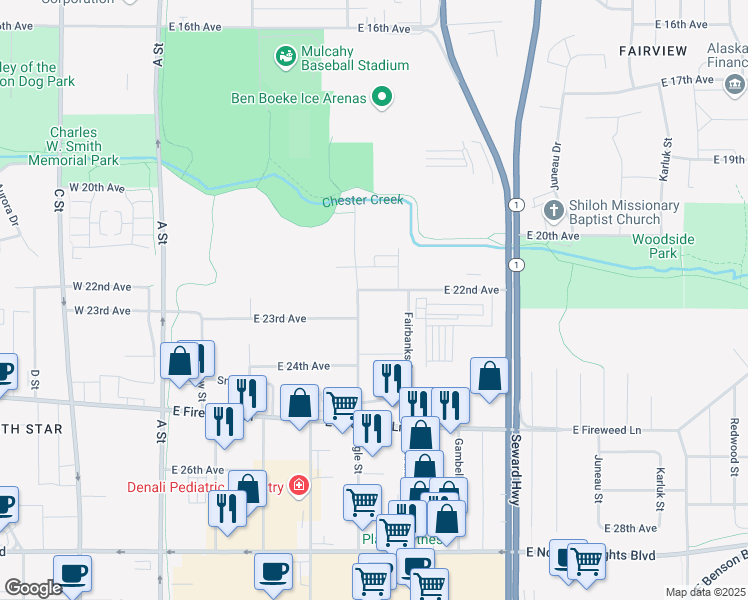 map of restaurants, bars, coffee shops, grocery stores, and more near 2301 Eagle Street in Anchorage
