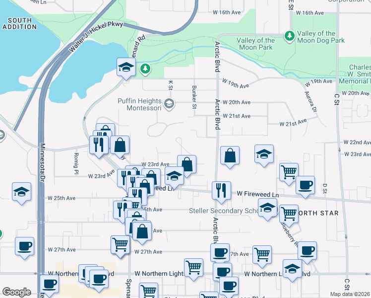 map of restaurants, bars, coffee shops, grocery stores, and more near 1001 West 23rd Avenue in Anchorage