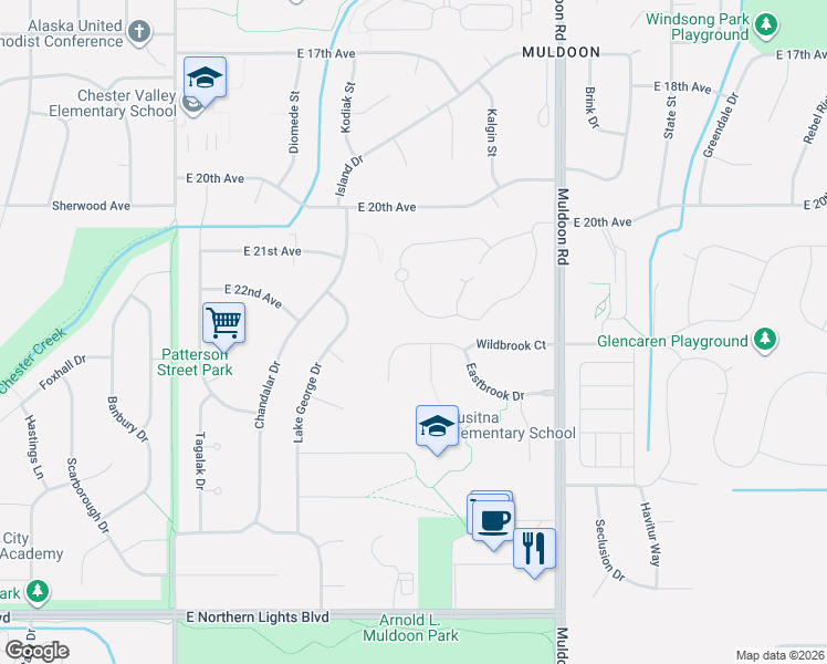 map of restaurants, bars, coffee shops, grocery stores, and more near 2310 Heatherbrook Circle in Anchorage