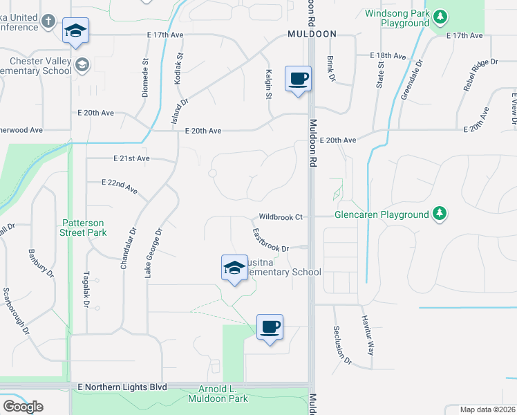 map of restaurants, bars, coffee shops, grocery stores, and more near 7700 Eastbrook Drive in Anchorage