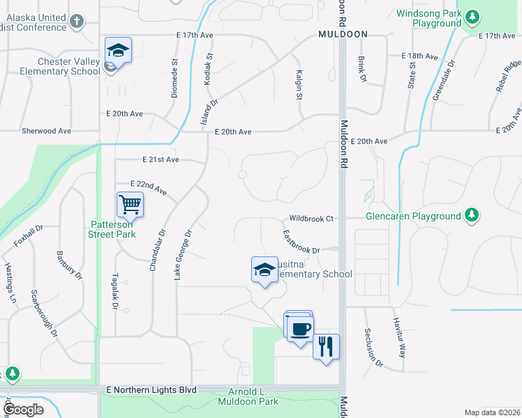 map of restaurants, bars, coffee shops, grocery stores, and more near 2310 Heatherbrook Circle in Anchorage