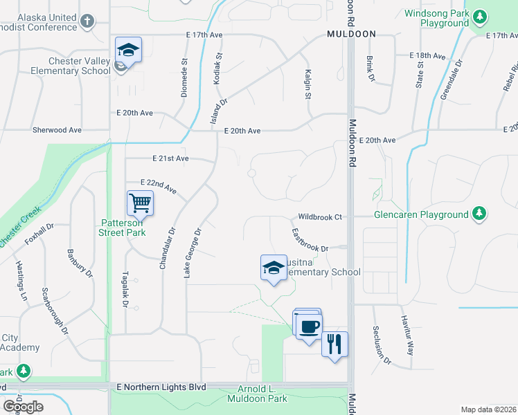map of restaurants, bars, coffee shops, grocery stores, and more near 2310 Heatherbrook Circle in Anchorage