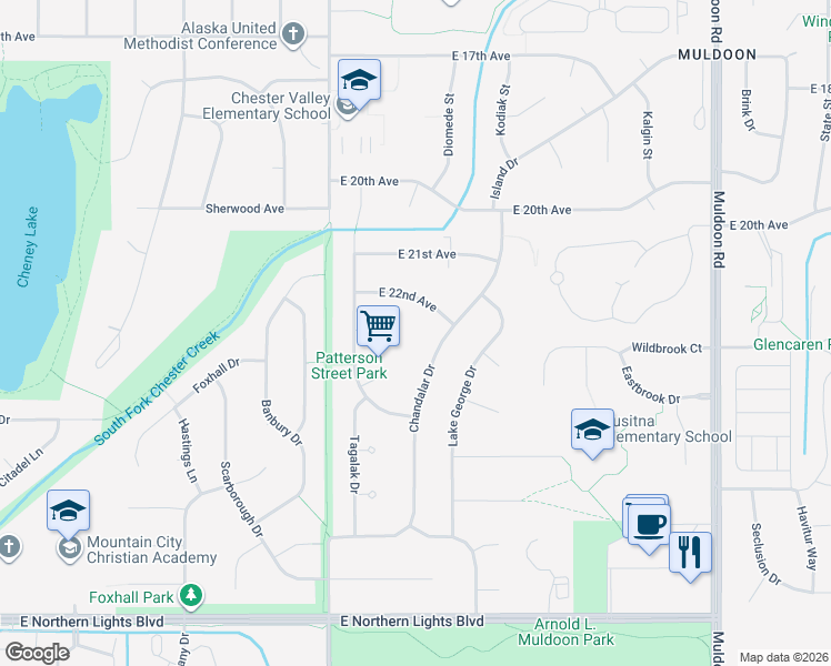 map of restaurants, bars, coffee shops, grocery stores, and more near 2240 Chandalar Drive in Anchorage