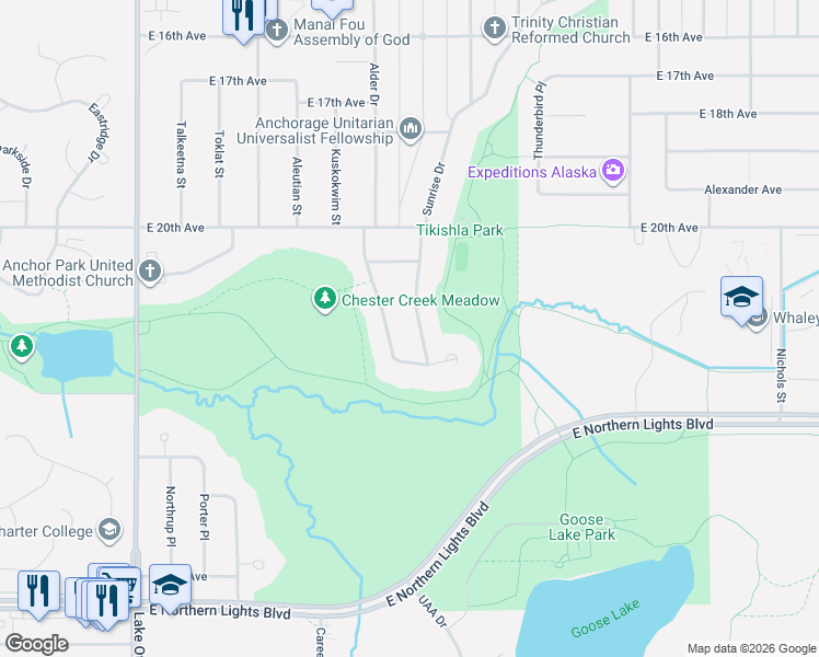 map of restaurants, bars, coffee shops, grocery stores, and more near 2228 Sunrise Drive in Anchorage