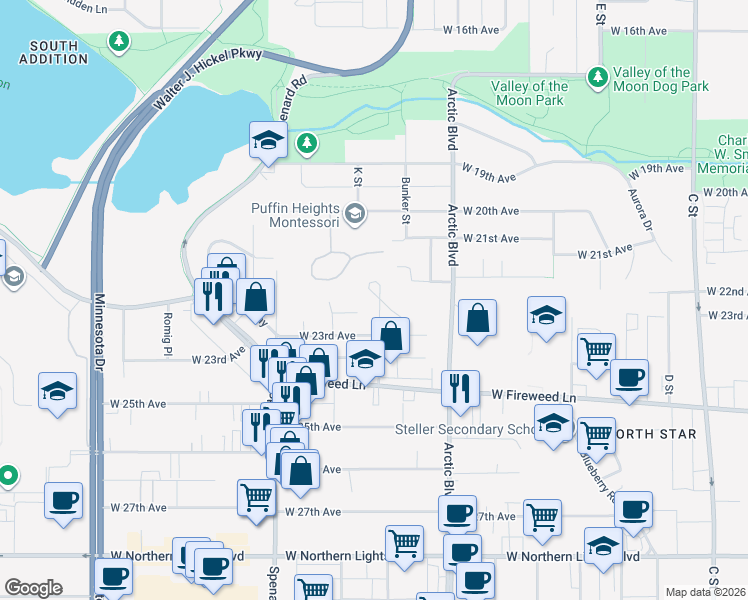 map of restaurants, bars, coffee shops, grocery stores, and more near 1001 West 23rd Avenue in Anchorage