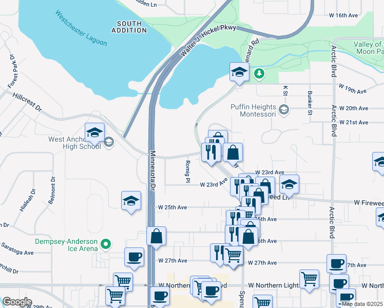 map of restaurants, bars, coffee shops, grocery stores, and more near 2205 Romig Place in Anchorage