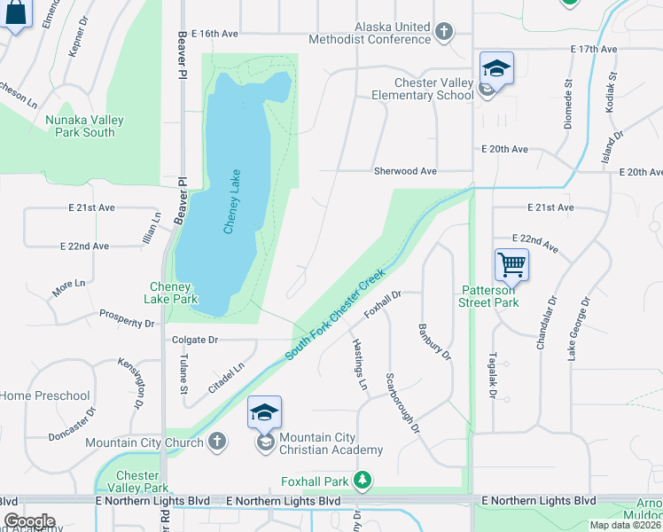 map of restaurants, bars, coffee shops, grocery stores, and more near 2321 Foxhall Drive in Anchorage