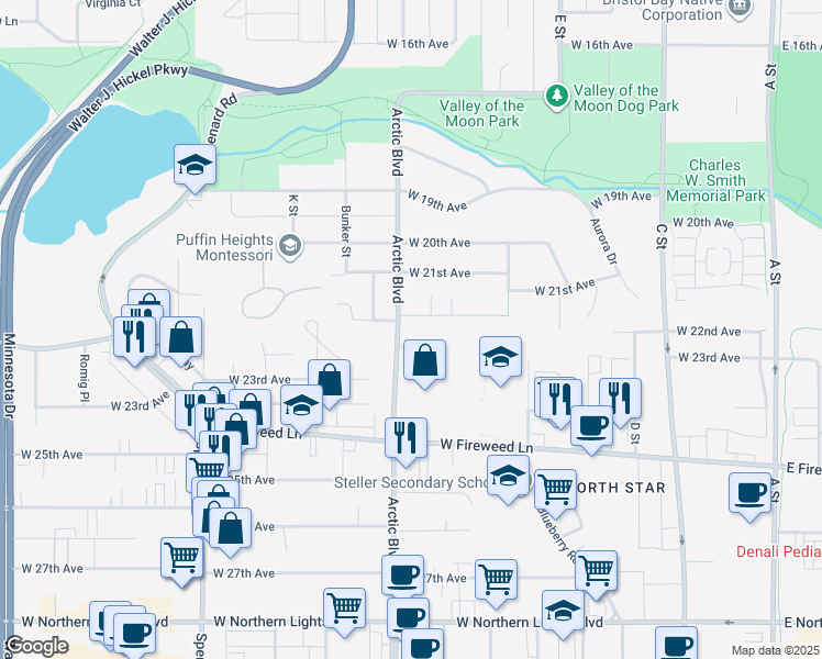 map of restaurants, bars, coffee shops, grocery stores, and more near 2124 Arctic Boulevard in Anchorage