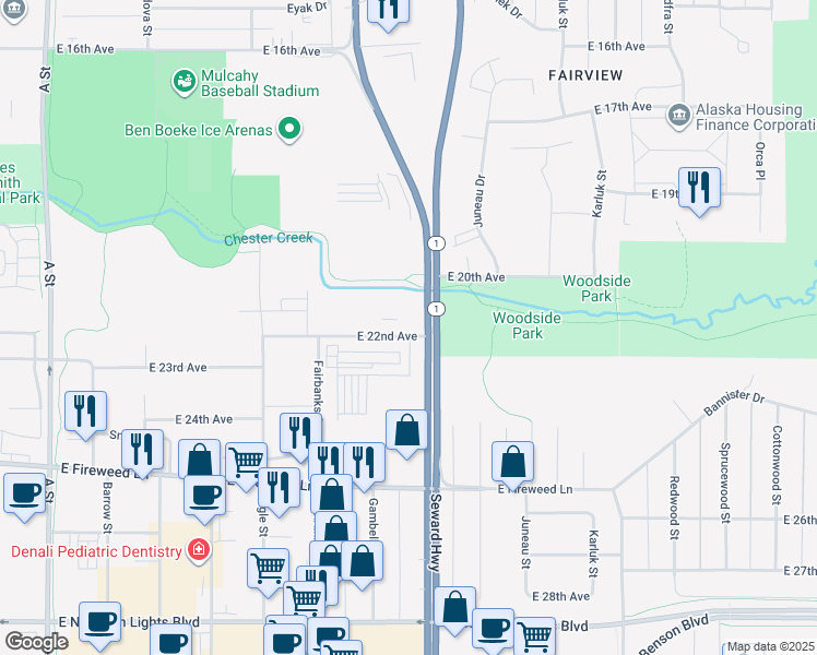 map of restaurants, bars, coffee shops, grocery stores, and more near 2150 Seward Highway in Anchorage