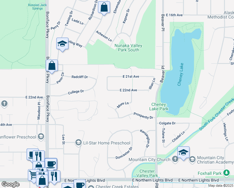map of restaurants, bars, coffee shops, grocery stores, and more near 5933 East 22nd Avenue in Anchorage