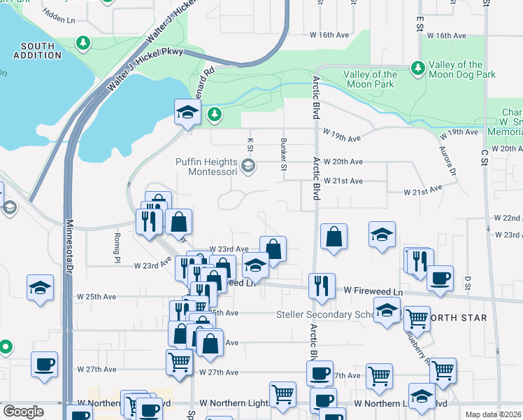 map of restaurants, bars, coffee shops, grocery stores, and more near 1000 Potlatch Circle in Anchorage